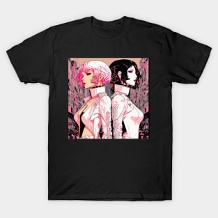 Together in the Street - Cyberpunk Illustrated Portrait Two Women Posing Back to Back in Front of a Bustling Cityscape T-Shirt